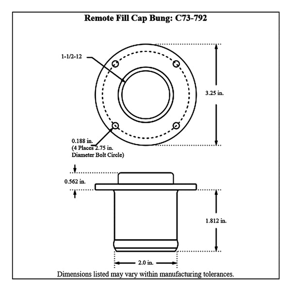 c73-755-h2diagram2 Easy Turn Fill Cap with Aluminum Remote Mount Bung 2 Inch without Lanyard Boss Remote Mount: 2 Inch Hose Black