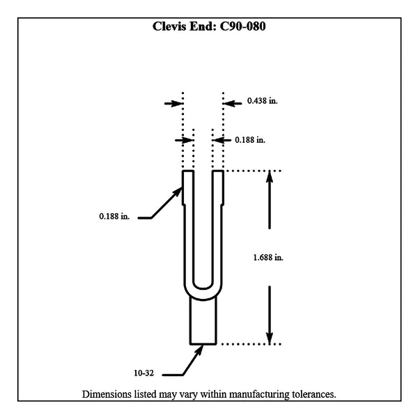 c90-080 Fork Clevis Cable End, 3/16 Dia. Pin x 10-32 NF Right Hand Threads on Cable Attachment